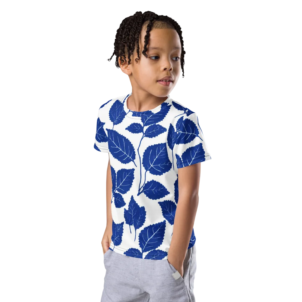 Indigo Leaves on Kids Crew Neck T-Shirt — Left Front