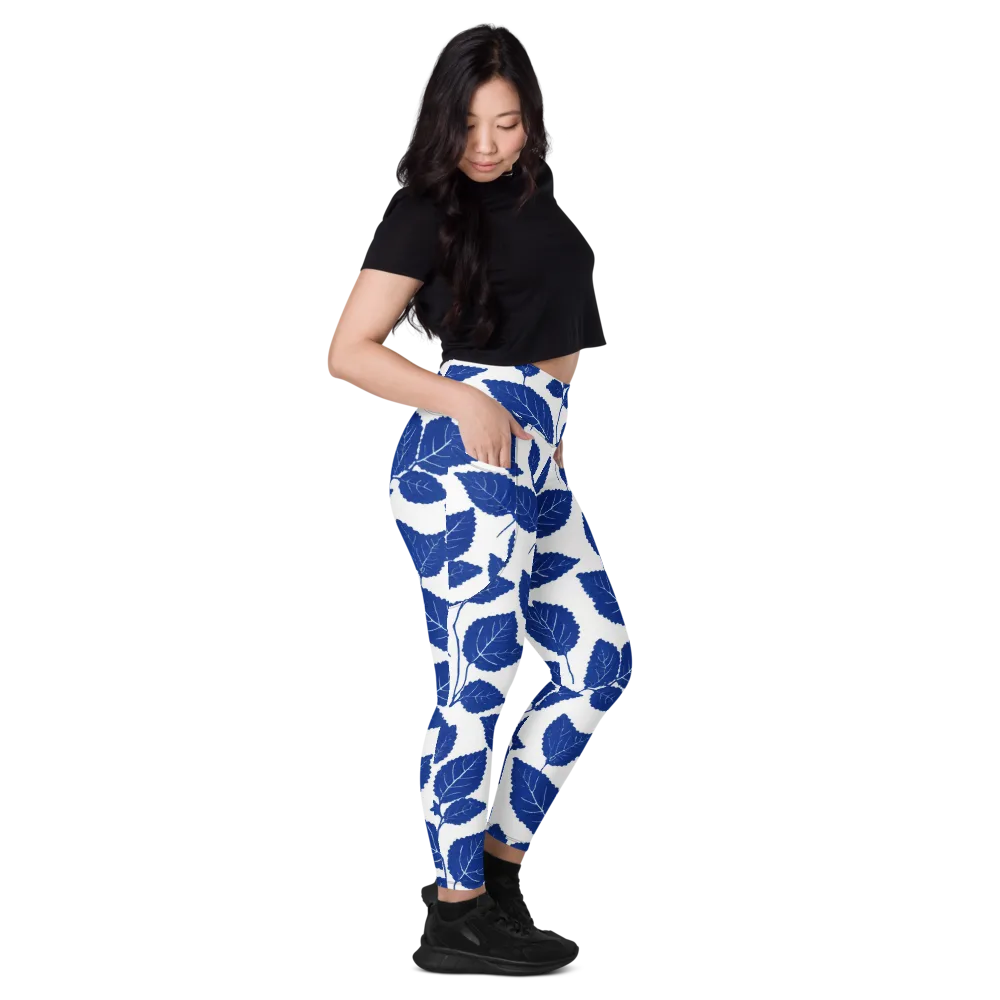 Indigo Leaves on Leggings with Pockets — Right