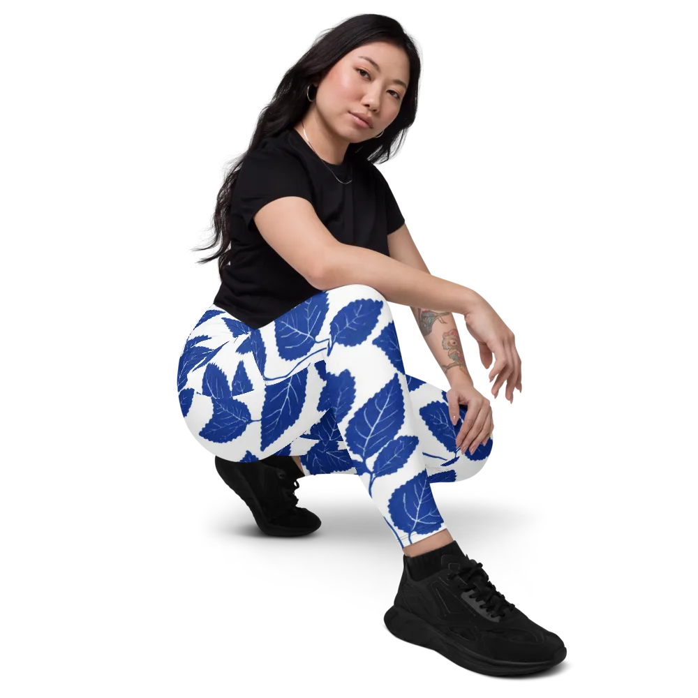 Indigo Leaves on Leggings with Pockets — Right Front
