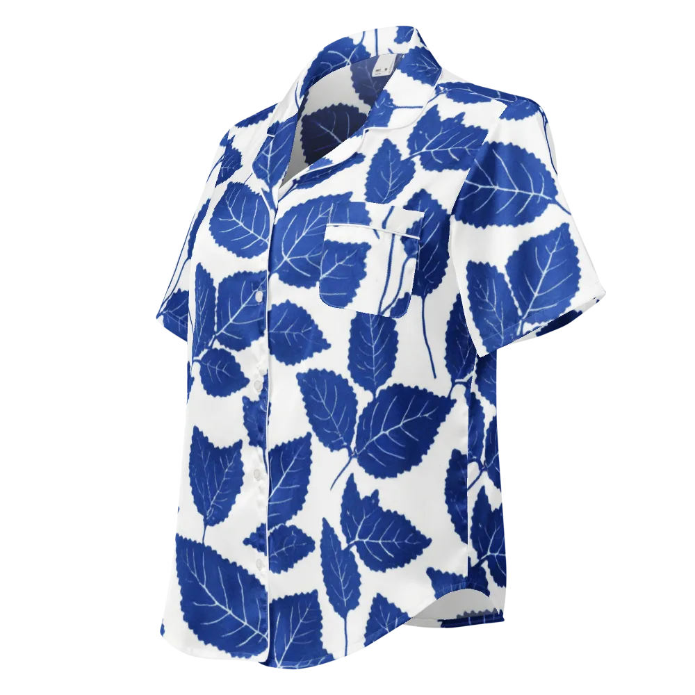 Indigo Leaves on Women's Short Sleeve Pajama Top — Left Front