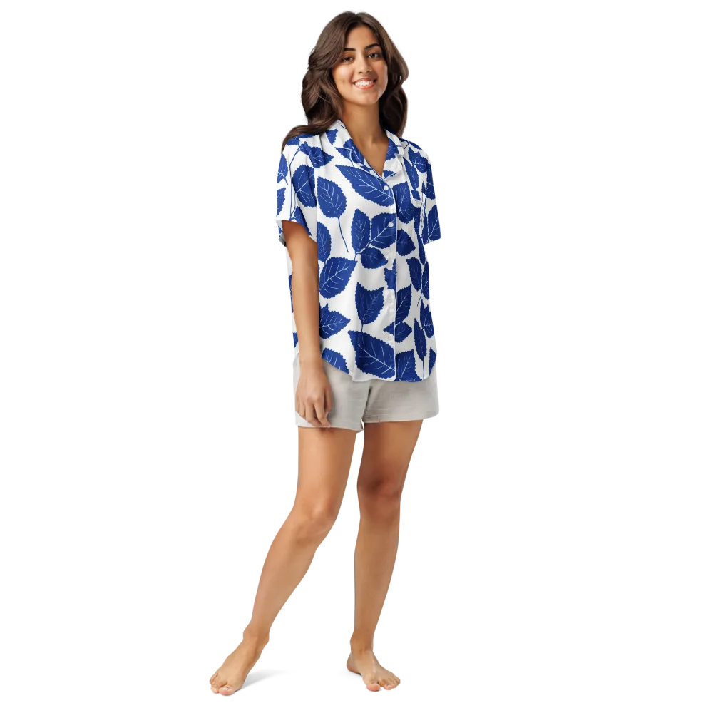 Indigo Leaves on Women's Short Sleeve Pajama Top — Front