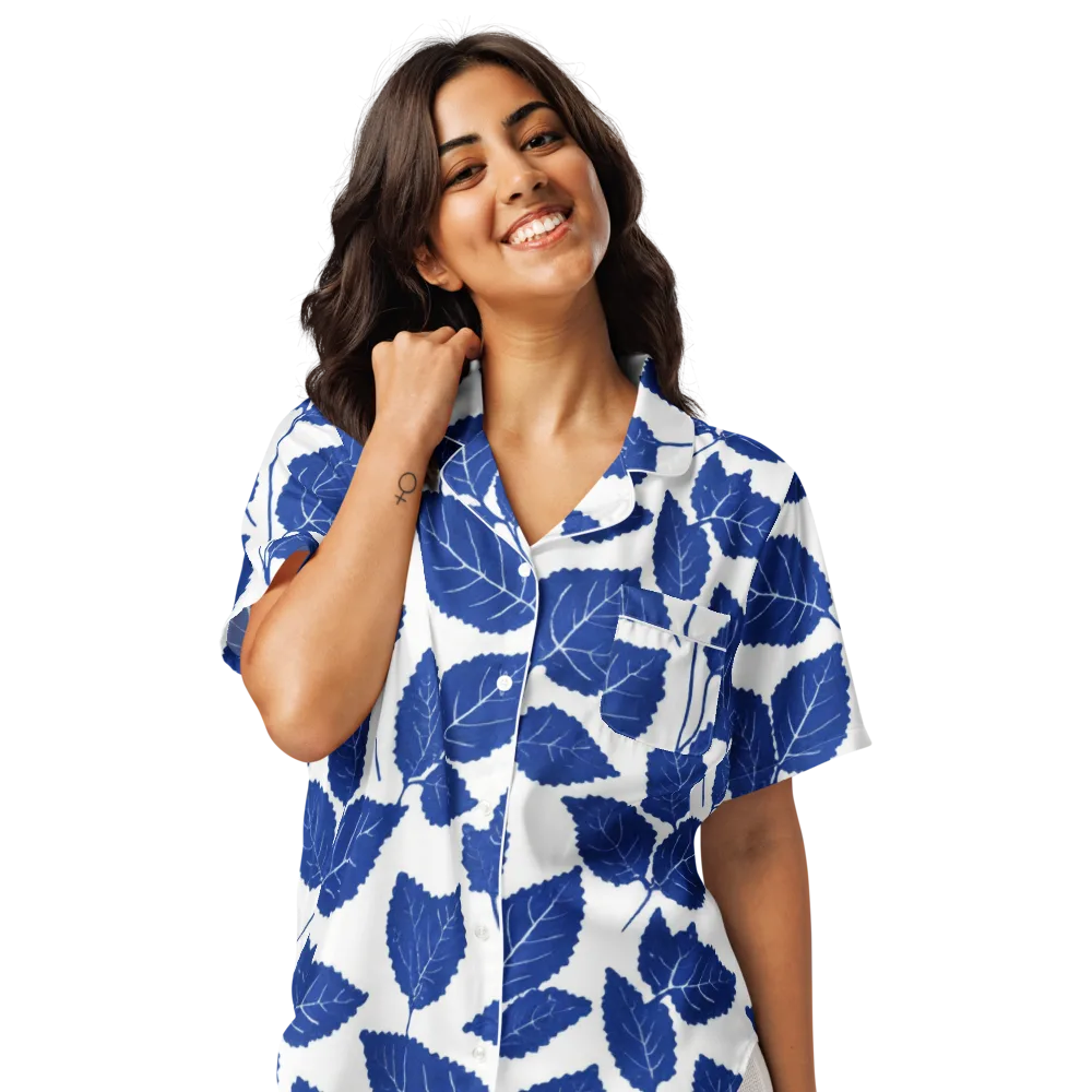 Indigo Leaves on Women's Short Sleeve Pajama Top — Front