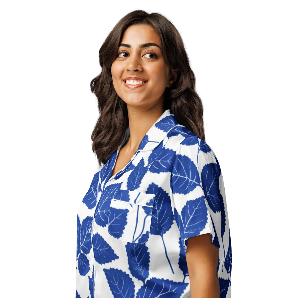 Indigo Leaves on Women's Short Sleeve Pajama Top — Left Front