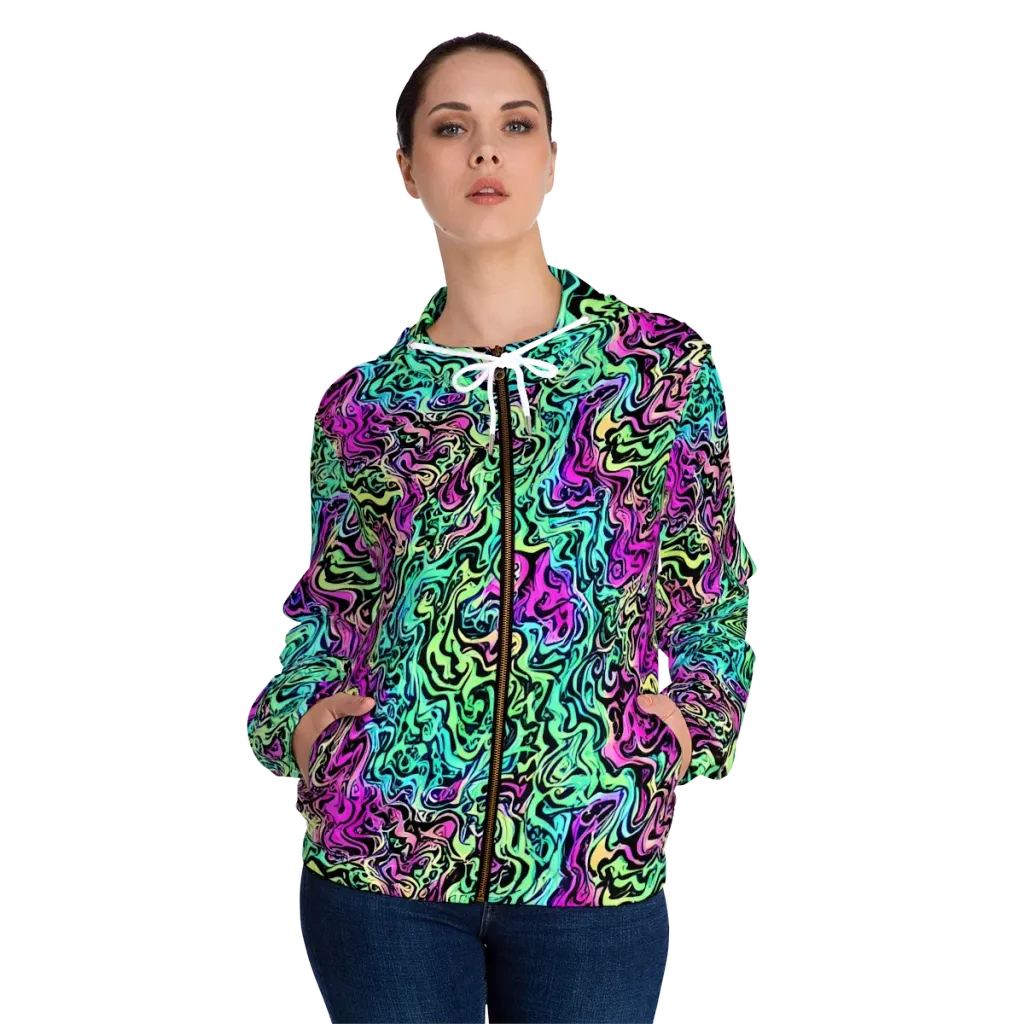 Color Shock on Women's Full-Zip Hoodie — Front On Person