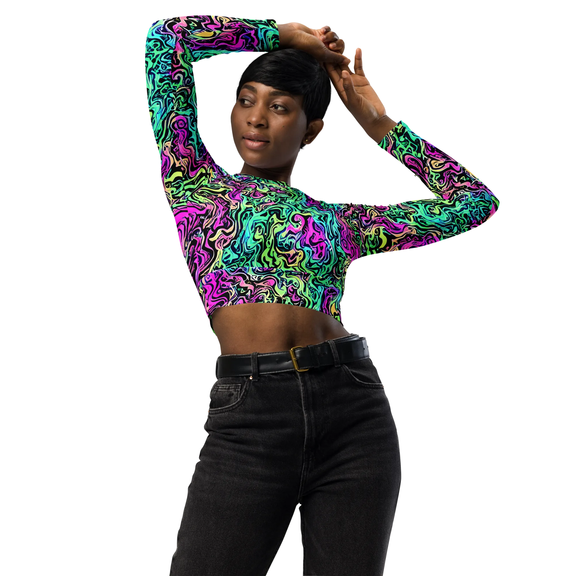 Color Shock on Long Sleeve Crop Top — Front