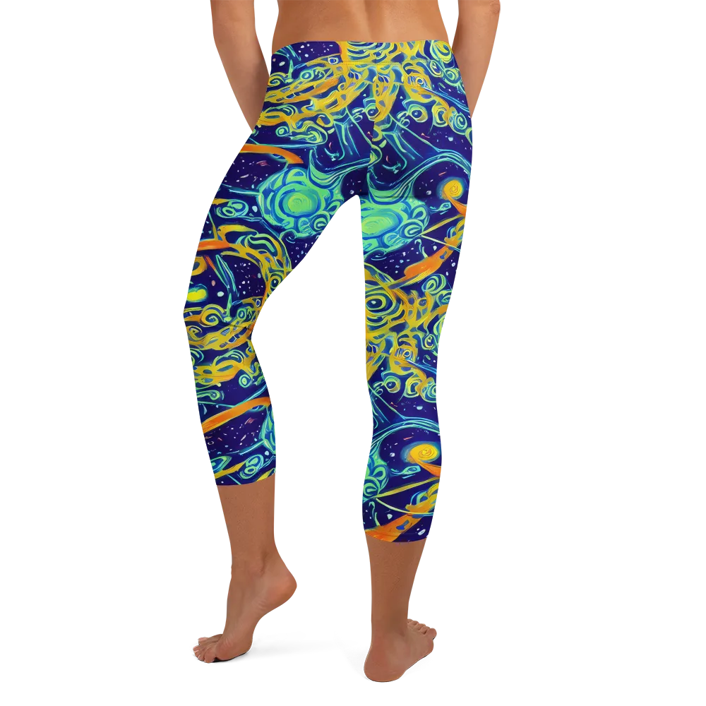 Blue Flame Cosmos on Capri Leggings — Back