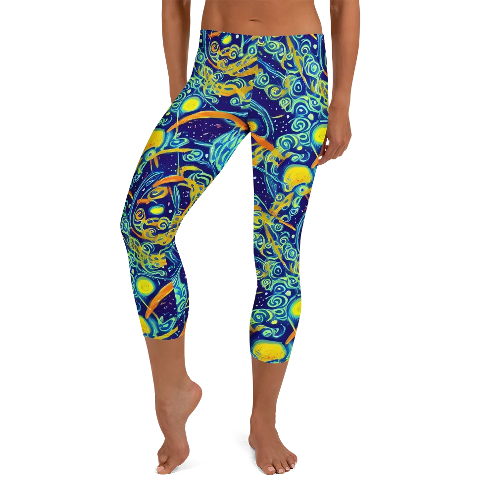 Blue Flame Cosmos on Capri Leggings — Front