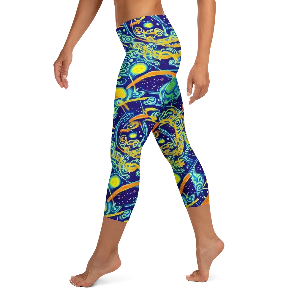 Blue Flame Cosmos on Capri Leggings — Left