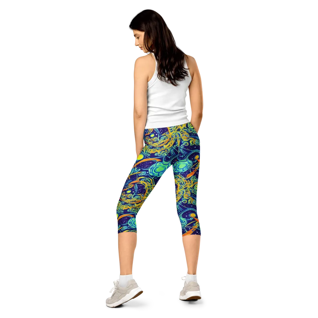 Blue Flame Cosmos on Capri Leggings — Back