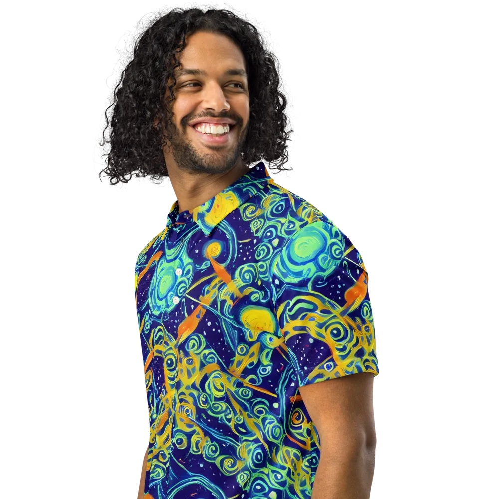 Blue Flame Cosmos on Men's Slim Fit Polo Shirt — Left Front
