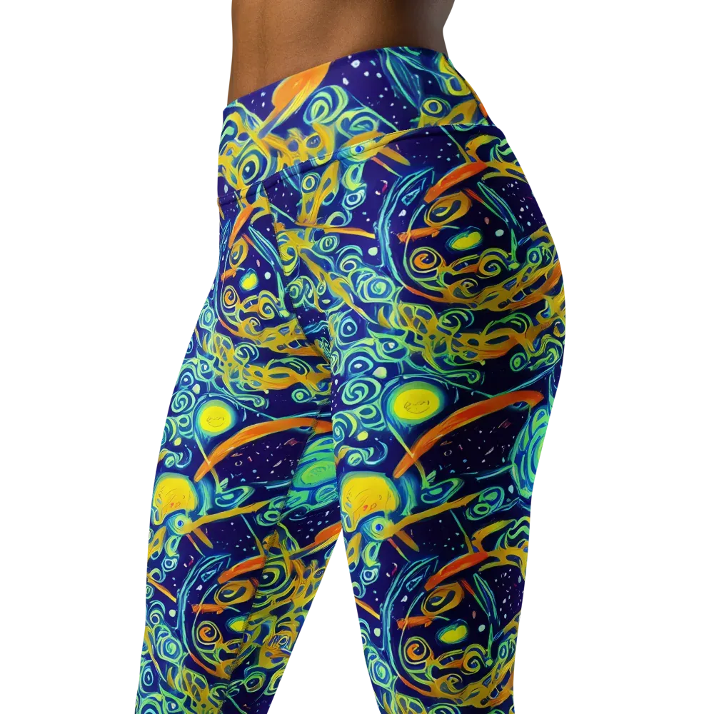 Blue Flame Cosmos on Yoga Leggings — Left Front