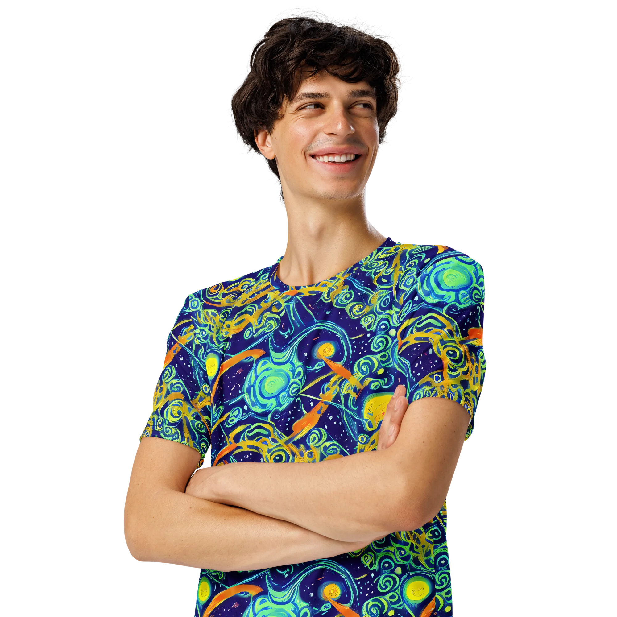 Blue Flame Cosmos on Men's Crew Neck T-Shirt — Left Front