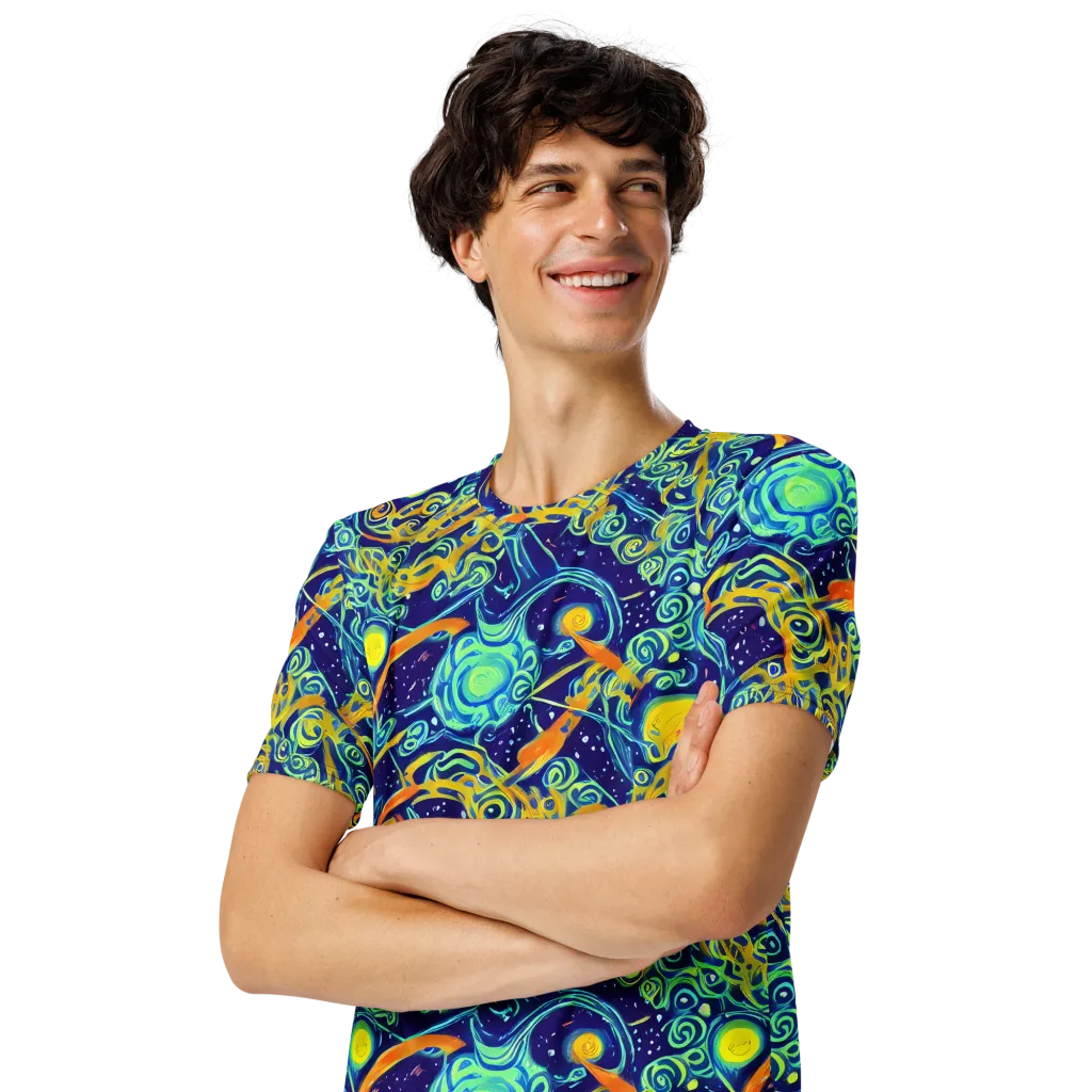 Blue Flame Cosmos on Men's Crew Neck T-Shirt — Left Front
