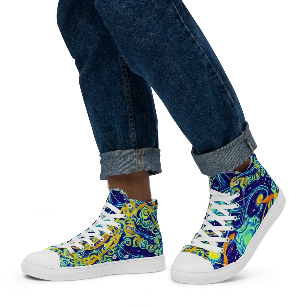 Blue Flame Cosmos on Men's High Top Canvas Shoes — Left