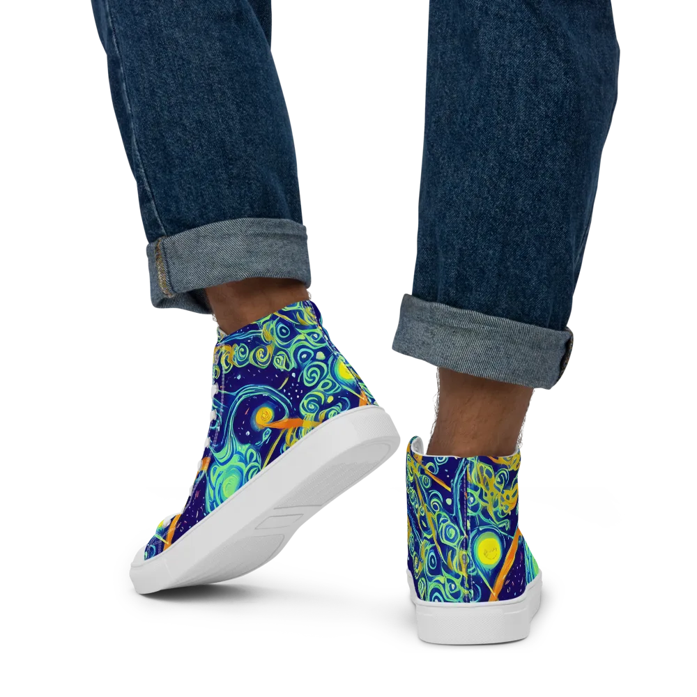 Blue Flame Cosmos on Men's High Top Canvas Shoes — Back