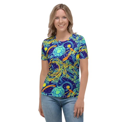 Blue Flame Cosmos on a Women's Crew Neck T-Shirt