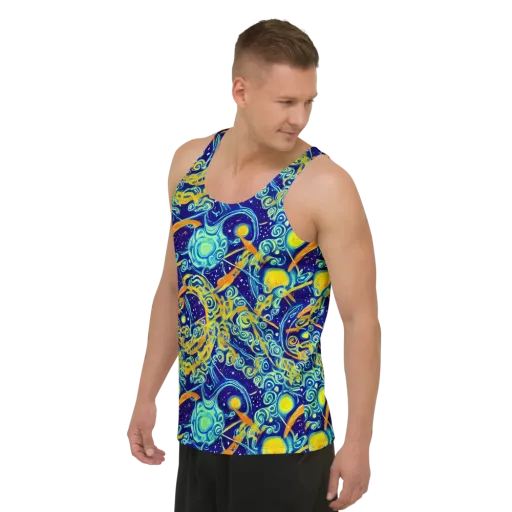 Blue Flame Cosmos on a Men's Tank Top