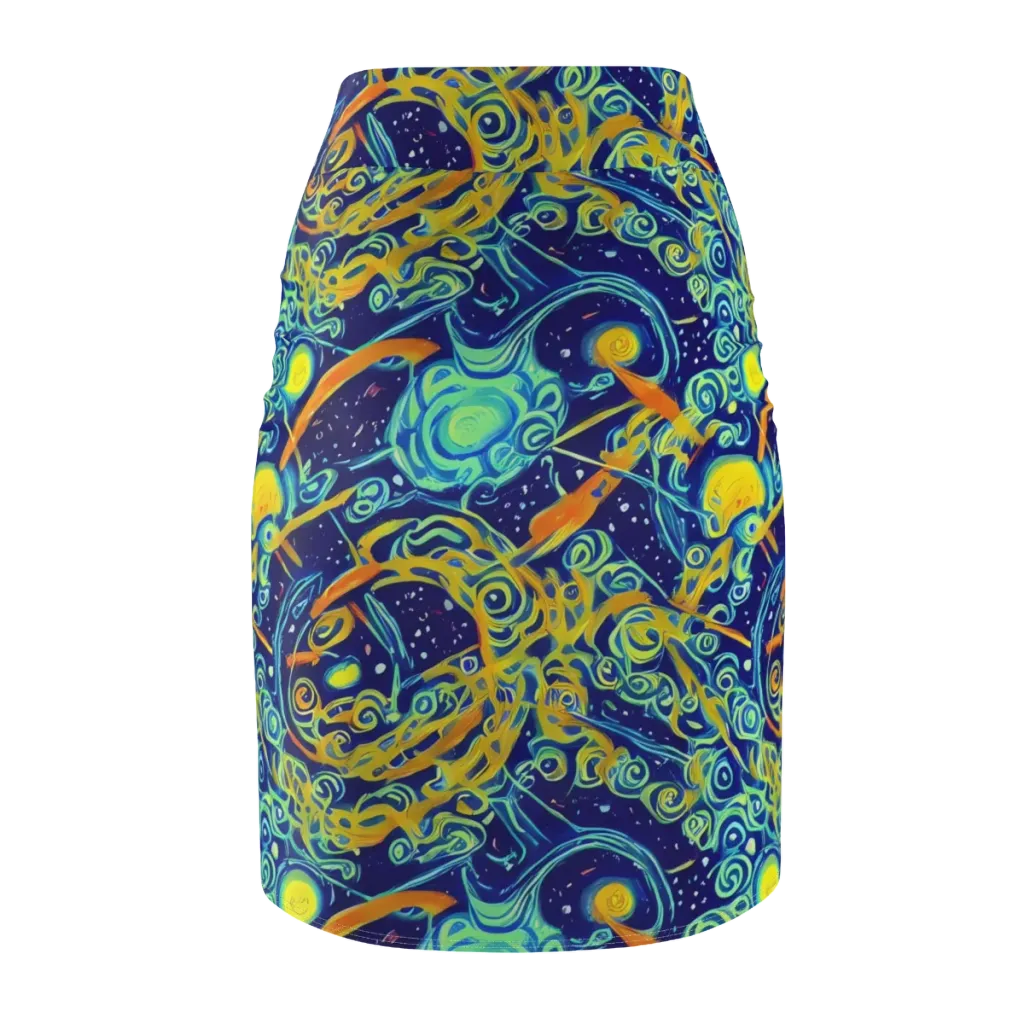 Blue Flame Cosmos on Pencil Skirt — Back