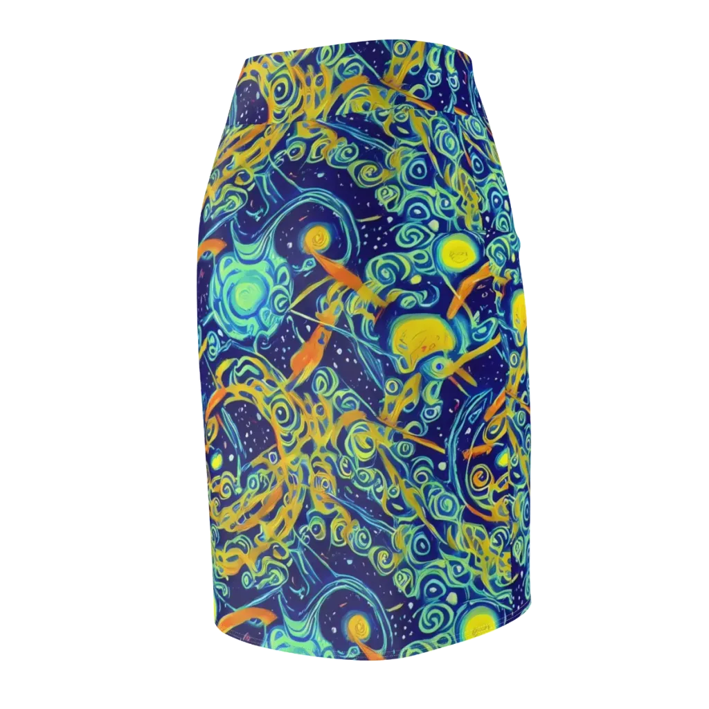 Blue Flame Cosmos on Pencil Skirt — Back Side