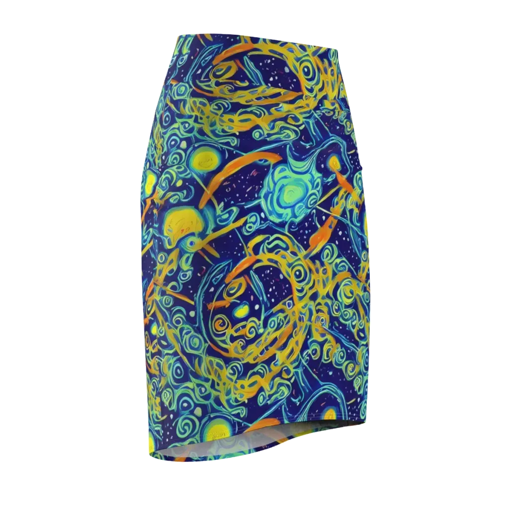 Blue Flame Cosmos on Pencil Skirt — Front Side