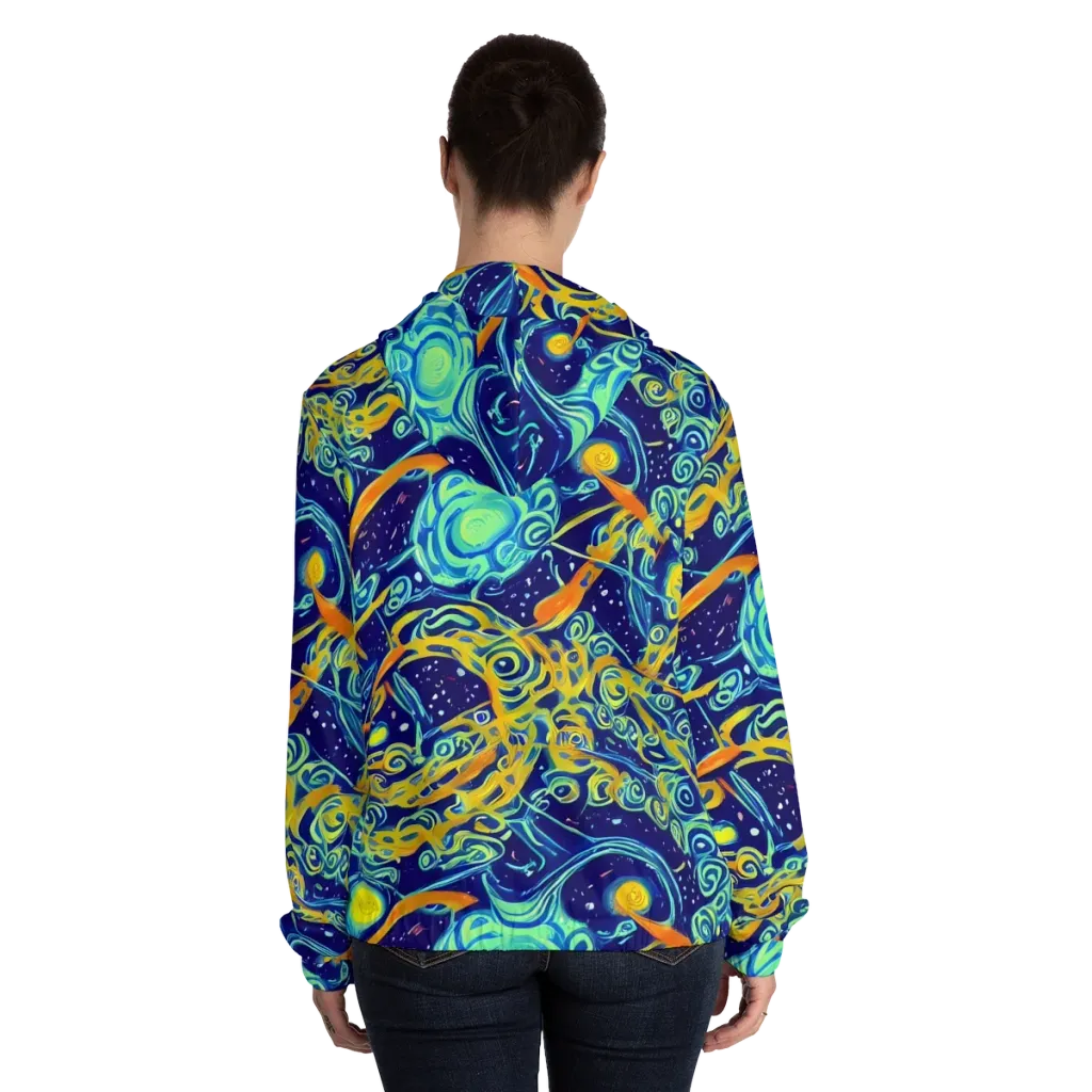 Blue Flame Cosmos on Women's Full-Zip Hoodie — Back On Person