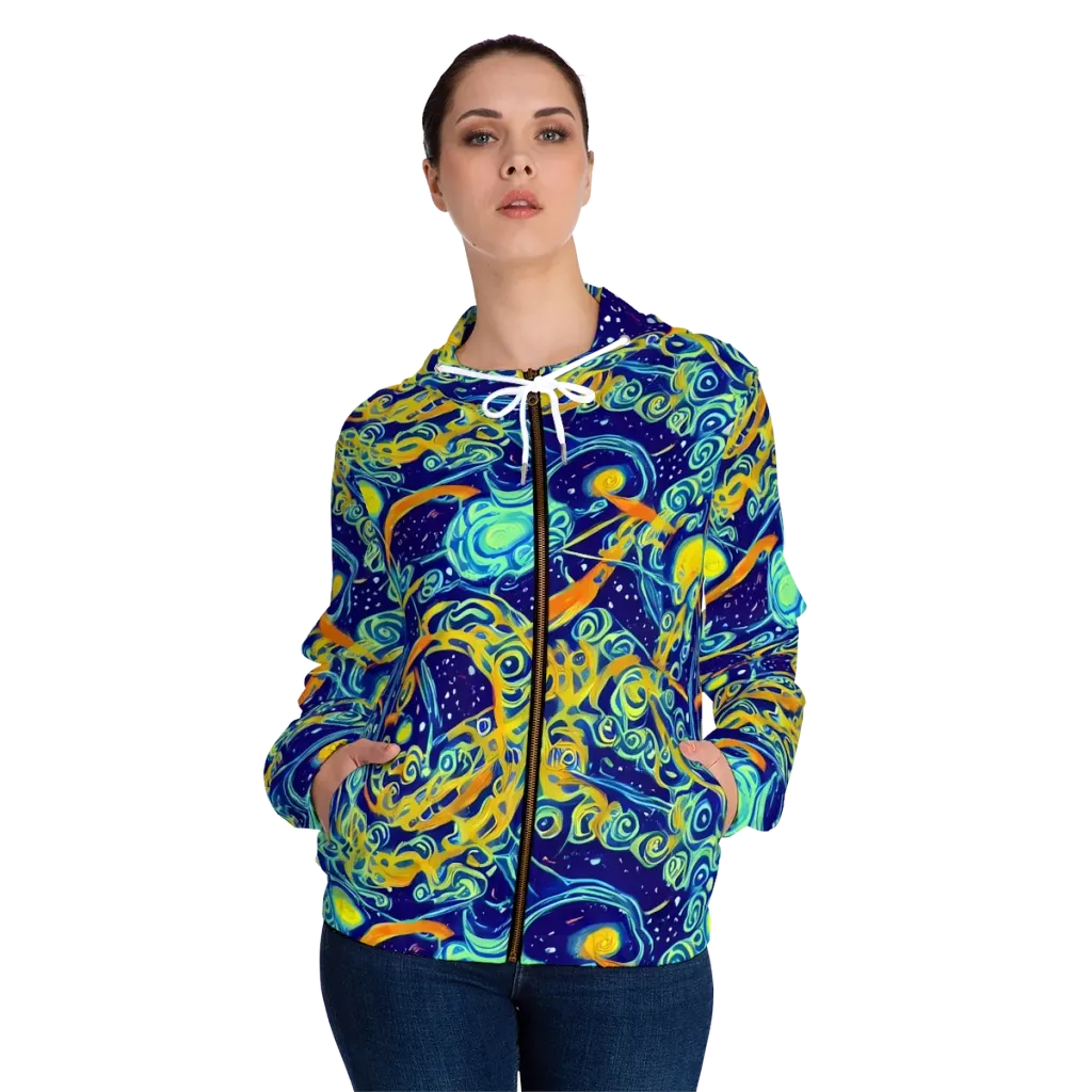 Blue Flame Cosmos on Women's Full-Zip Hoodie — Front On Person