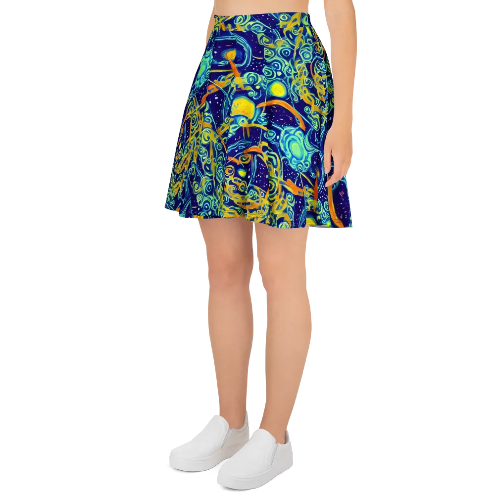 Blue Flame Cosmos on Skater Skirt — Left