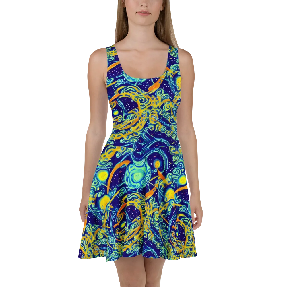 Blue Flame Cosmos on Skater Dress — Front