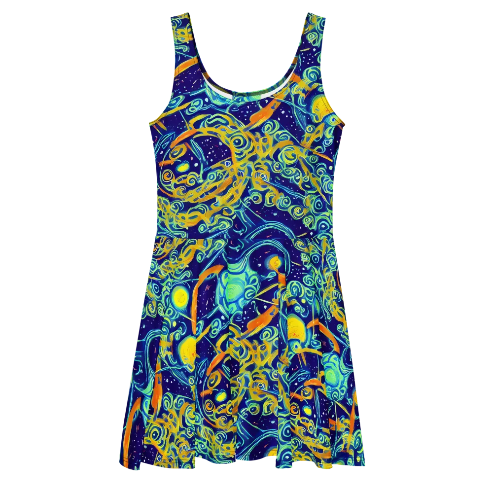 Blue Flame Cosmos on Skater Dress — Front