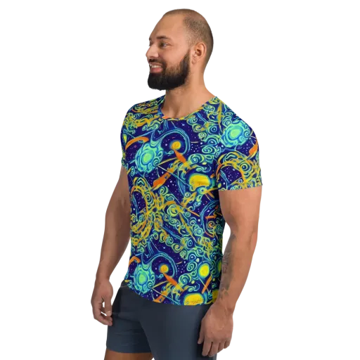 Blue Flame Cosmos on a Men's Athletic T-Shirt