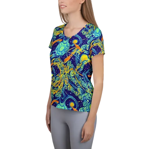 Blue Flame Cosmos on a Women's Athletic T-Shirt