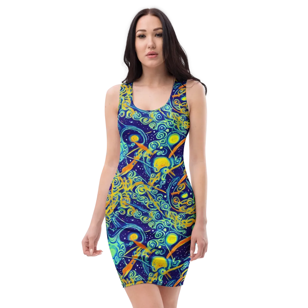Blue Flame Cosmos on Bodycon Dress — Front