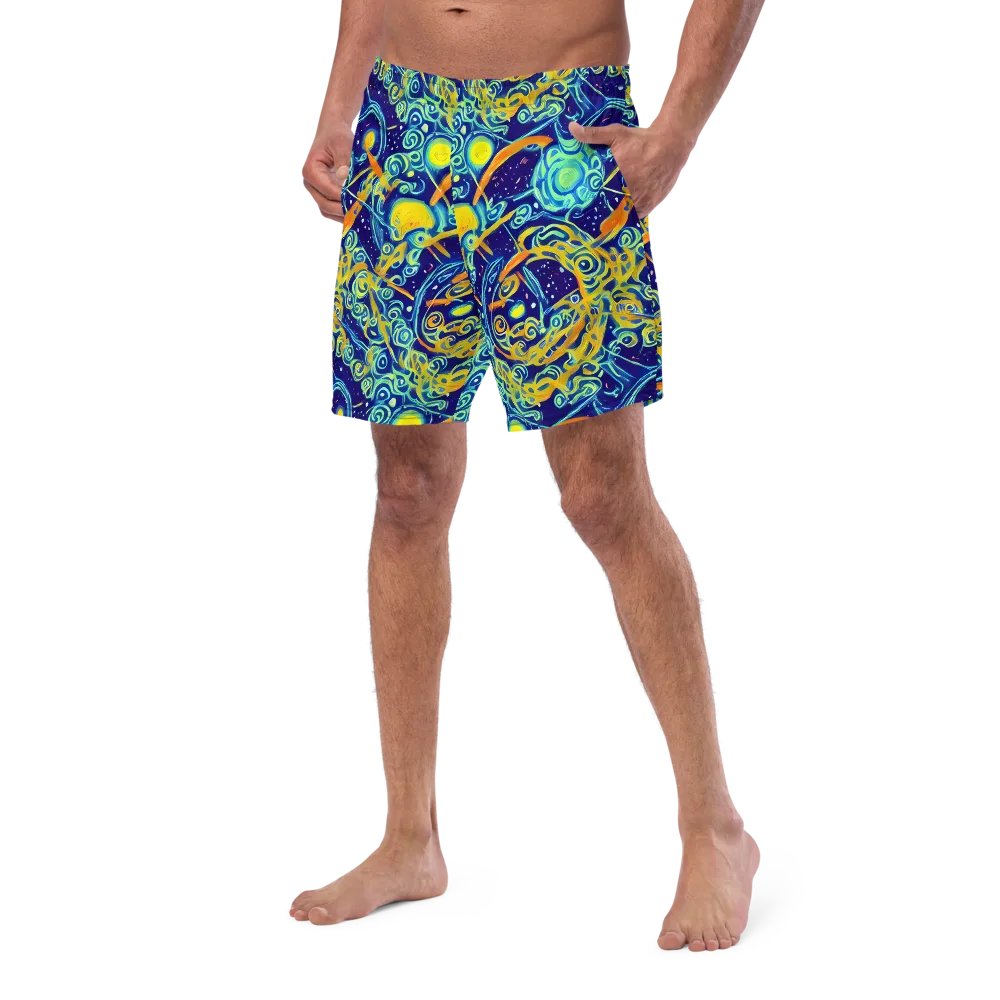 Blue Flame Cosmos on Swim Trunks — Left Front