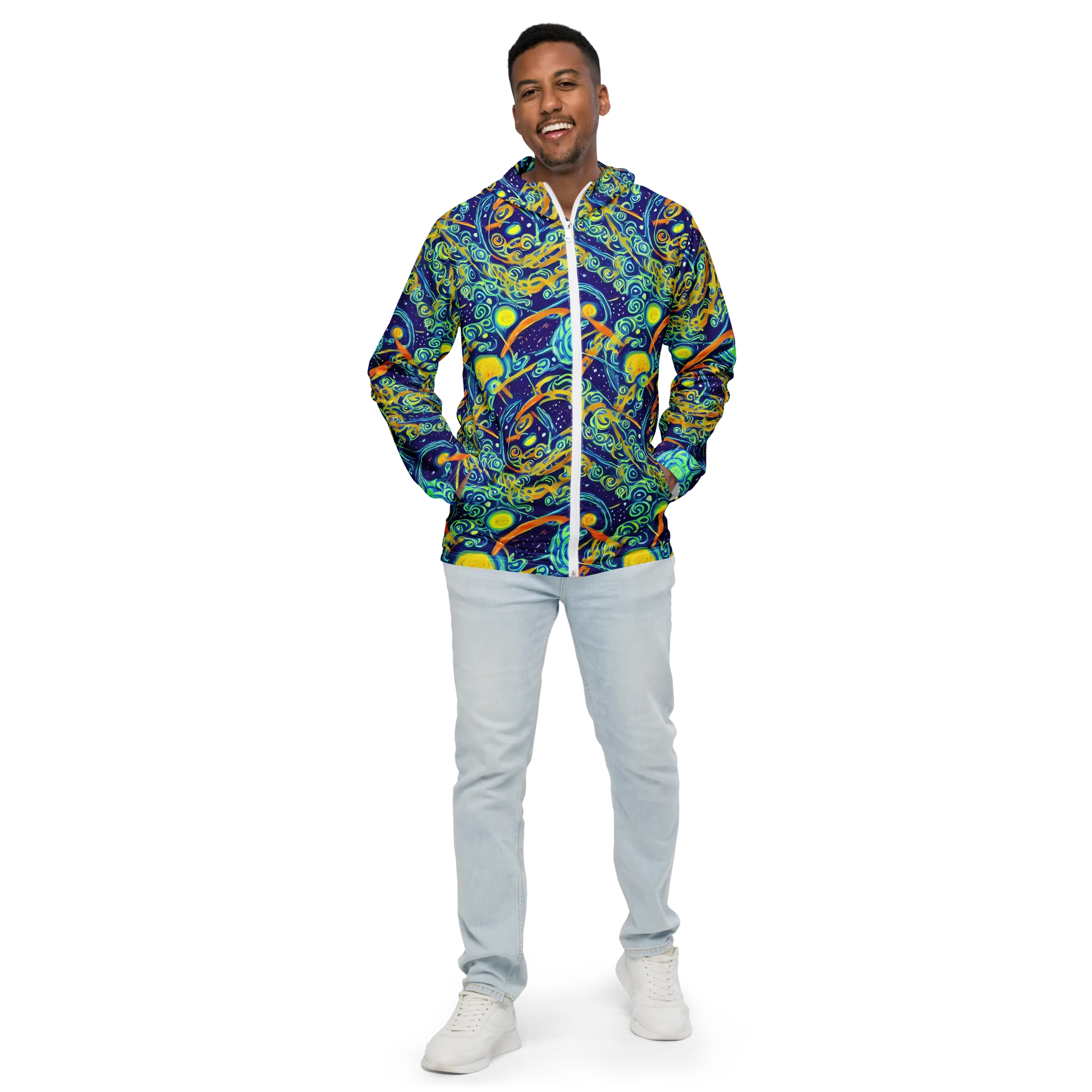 Blue Flame Cosmos on Men's Windbreaker — Front