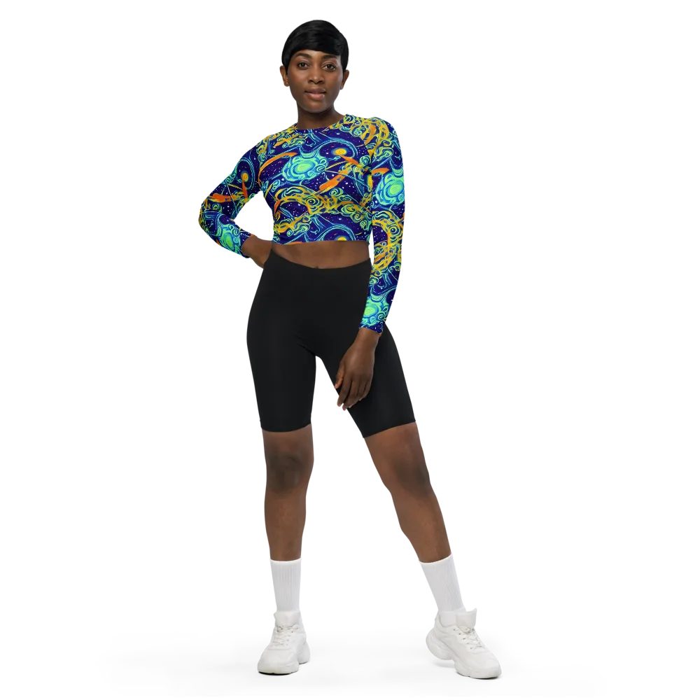 Blue Flame Cosmos on Long Sleeve Crop Top — Front