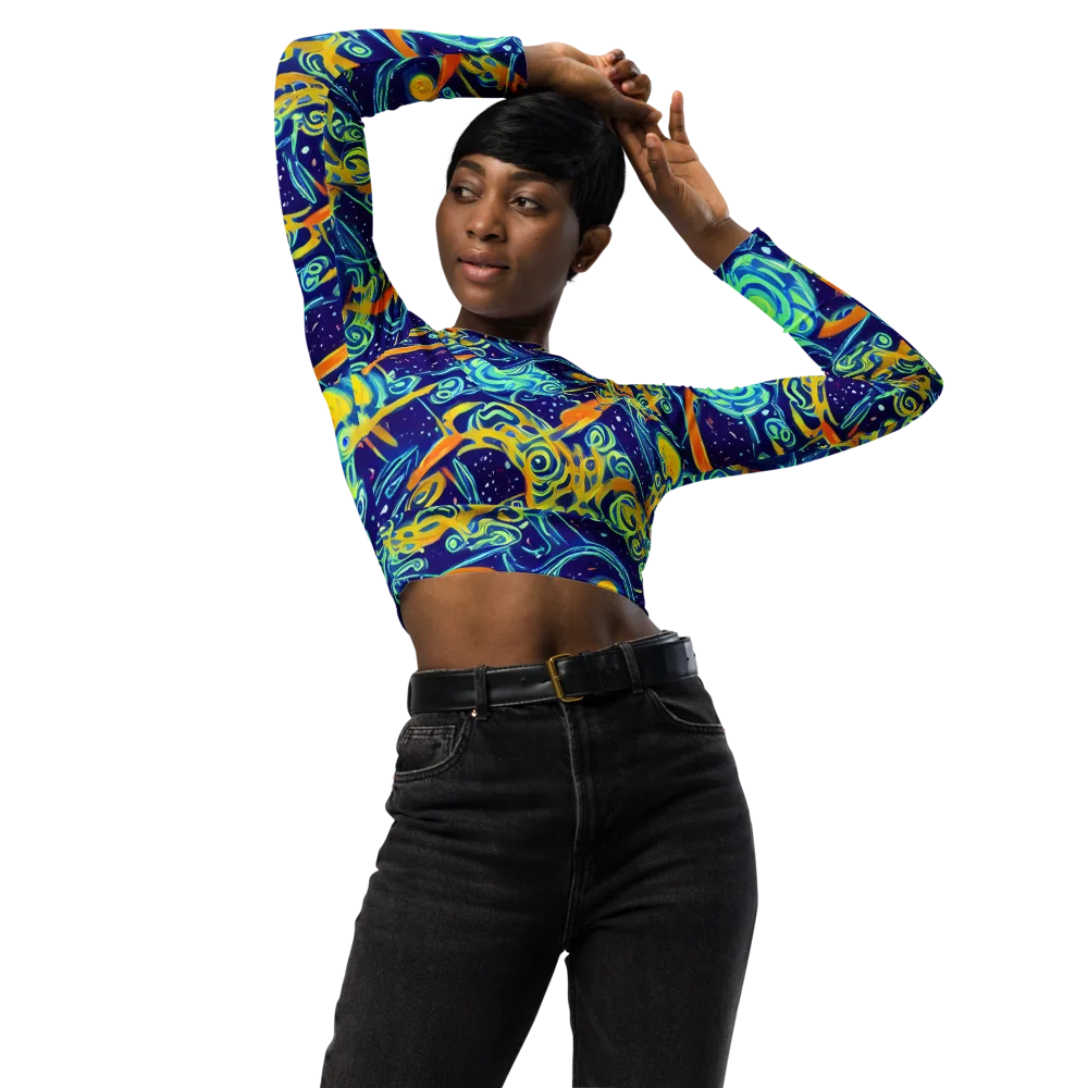 Blue Flame Cosmos on Long Sleeve Crop Top — Front