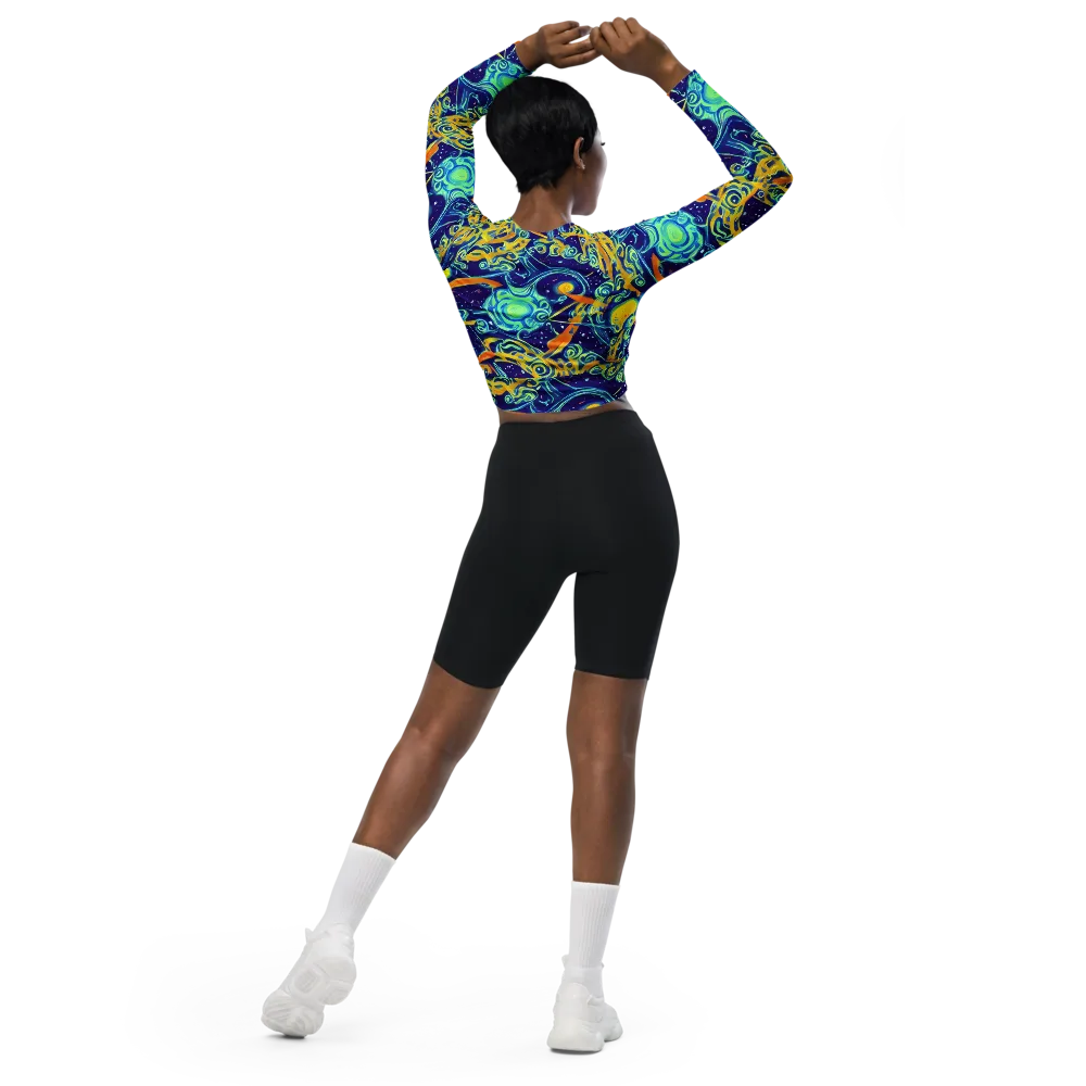 Blue Flame Cosmos on Long Sleeve Crop Top — Back