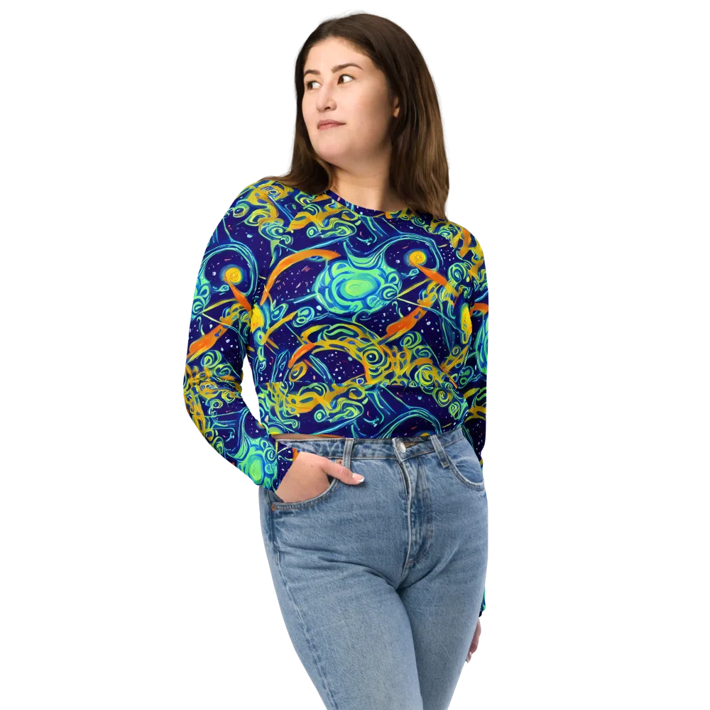 Blue Flame Cosmos on Long Sleeve Crop Top — Front