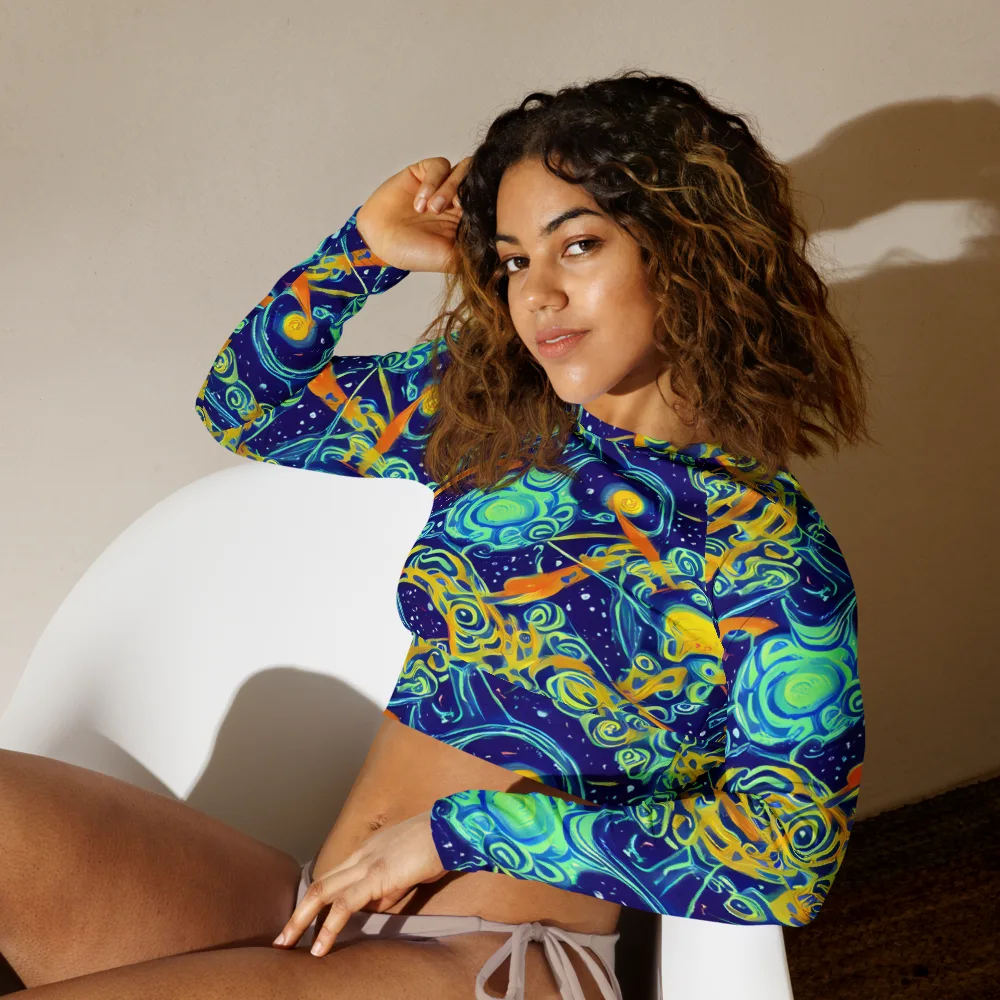 Blue Flame Cosmos on Long Sleeve Crop Top — Left Front