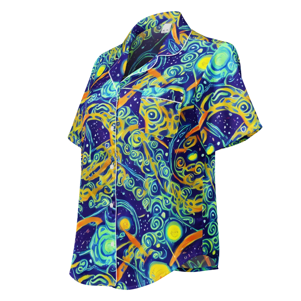 Blue Flame Cosmos on Women's Short Sleeve Pajama Top — Left Front