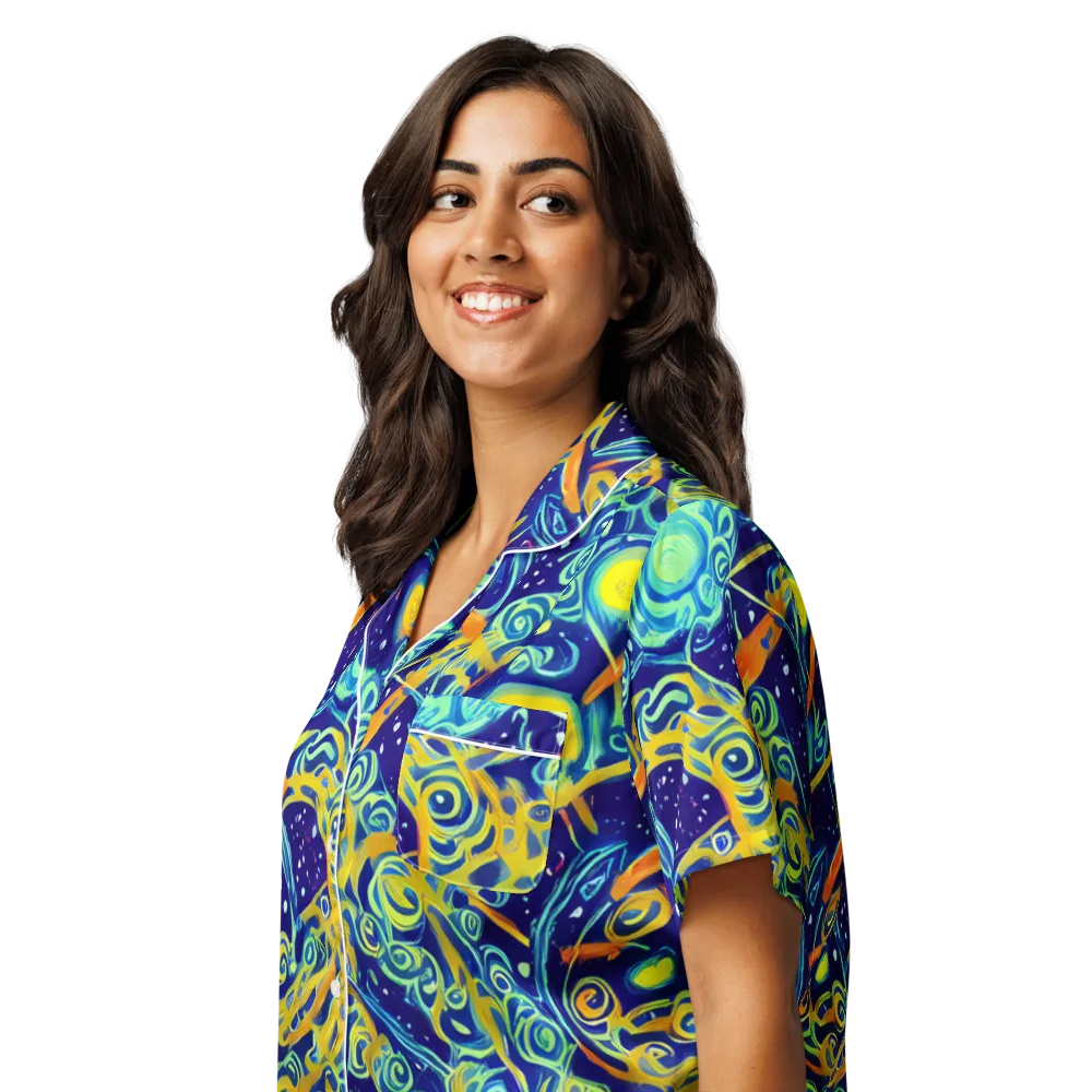 Blue Flame Cosmos on Women's Short Sleeve Pajama Top — Left Front