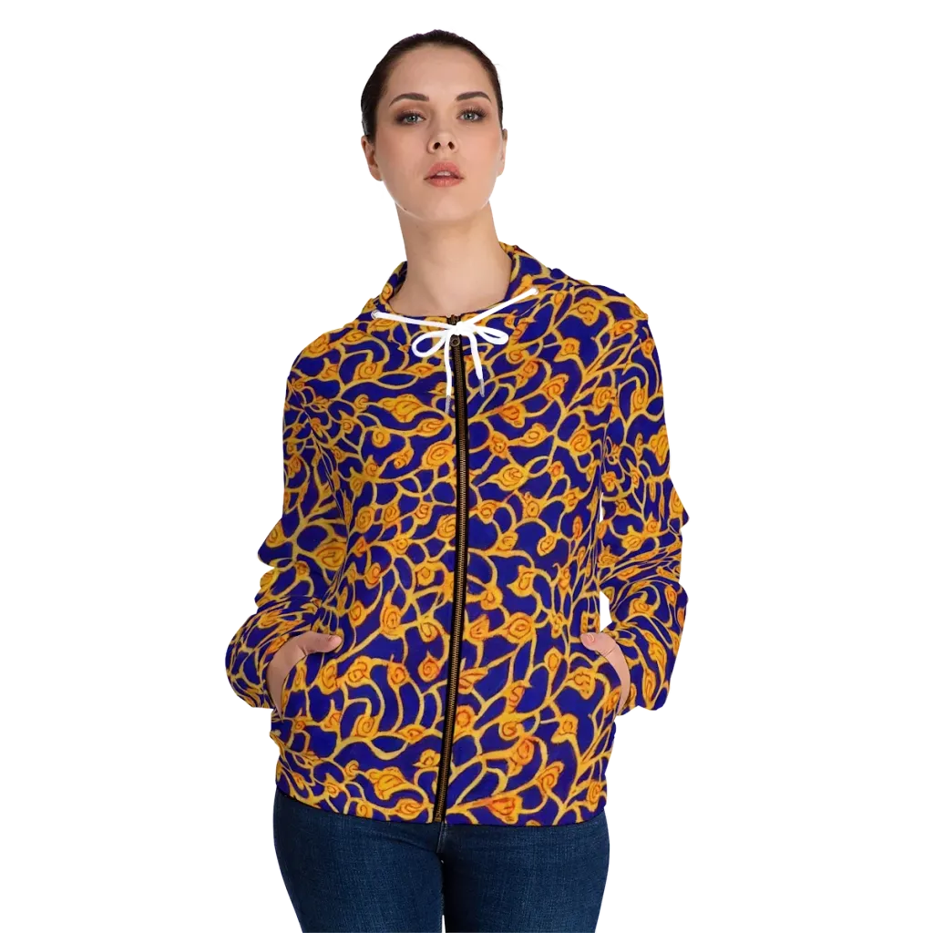Cobalt Filigree on Women's Full-Zip Hoodie — Front On Person