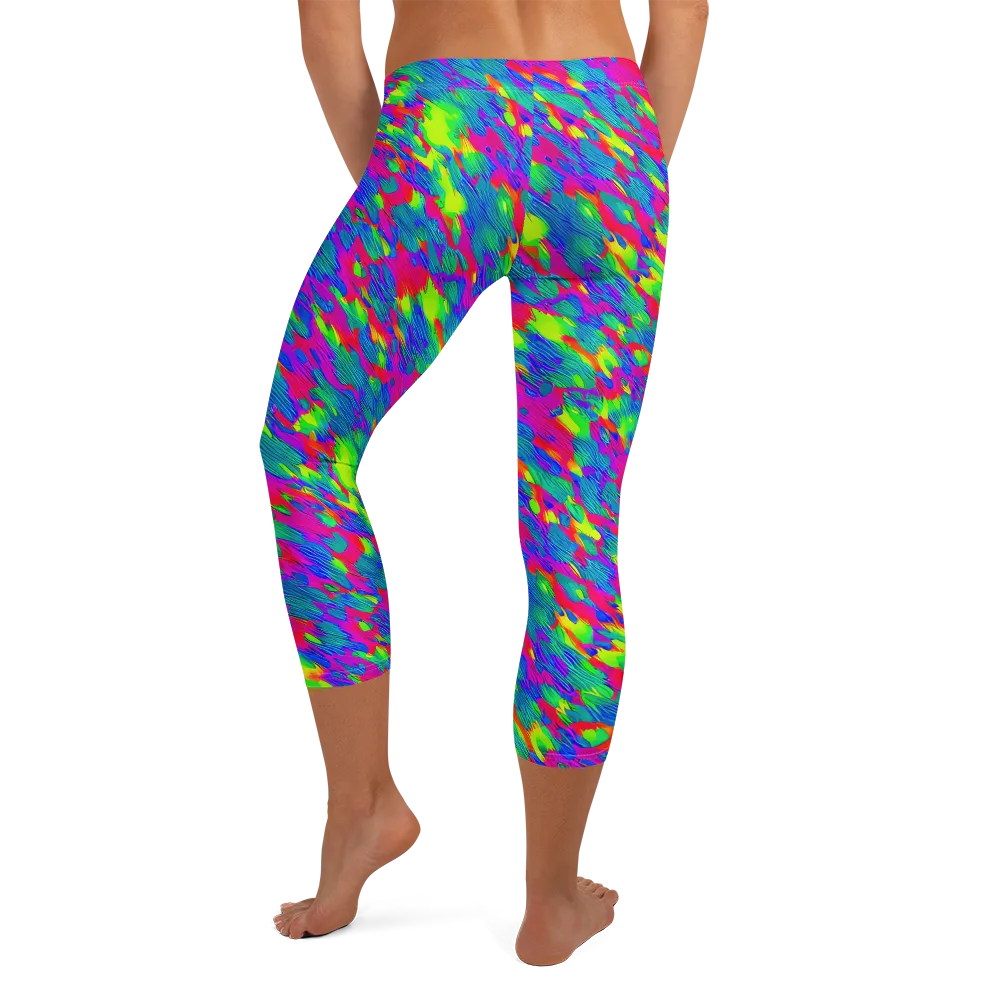 Turquoise Brushfire on Capri Leggings — Back