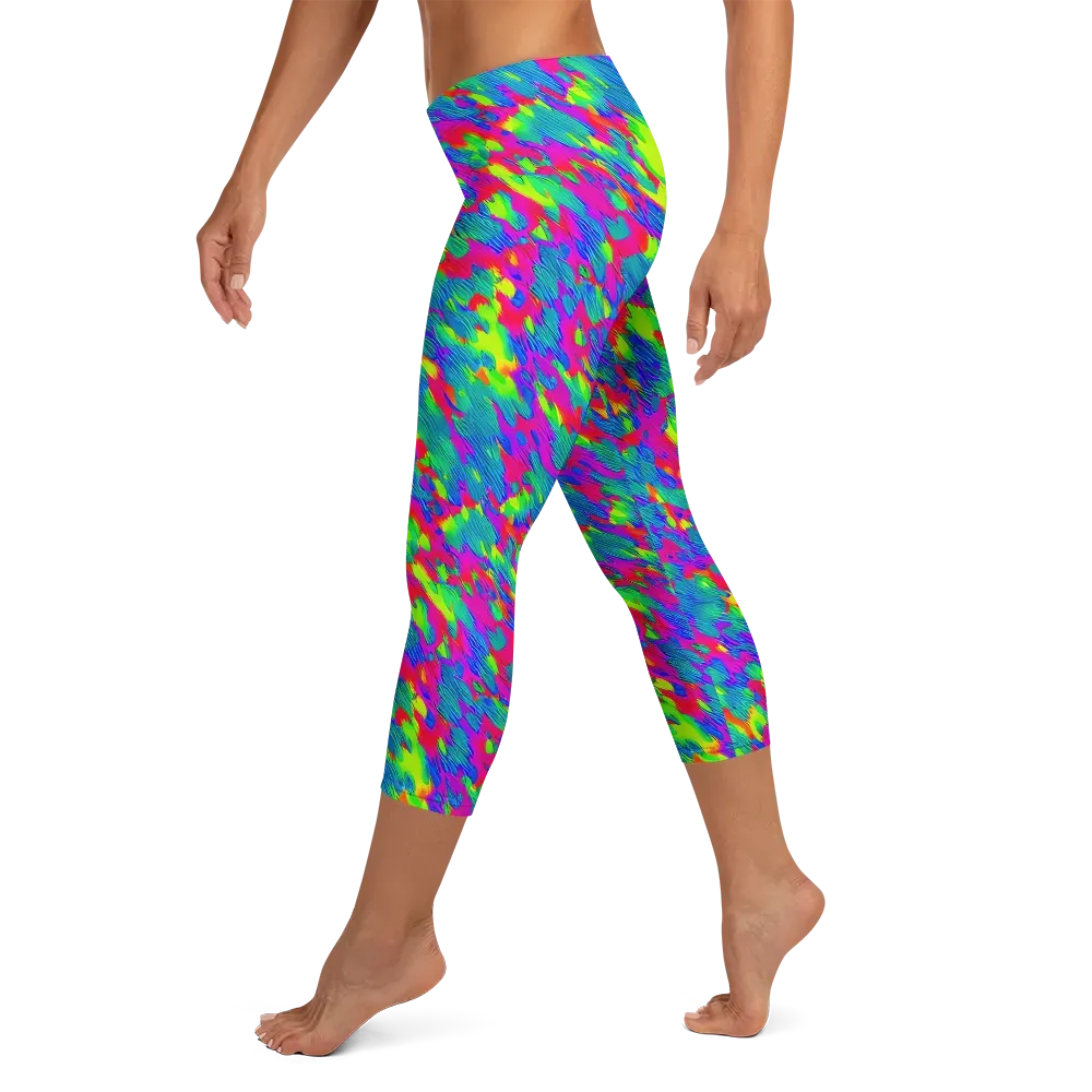 Turquoise Brushfire on Capri Leggings — Left