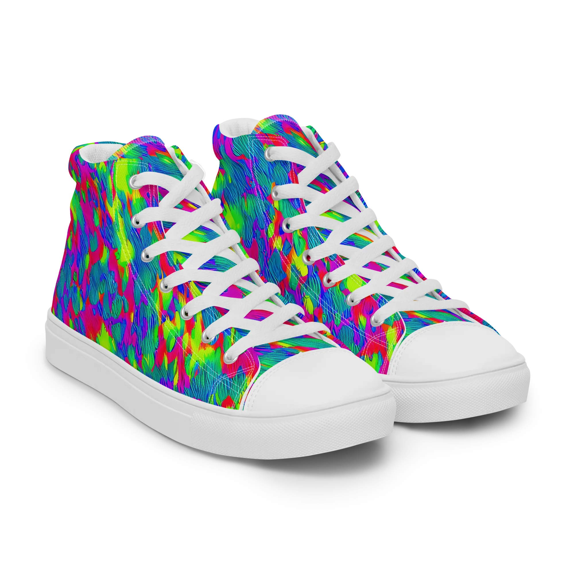 Turquoise Brushfire on Men's High Top Canvas Shoes — Right Front