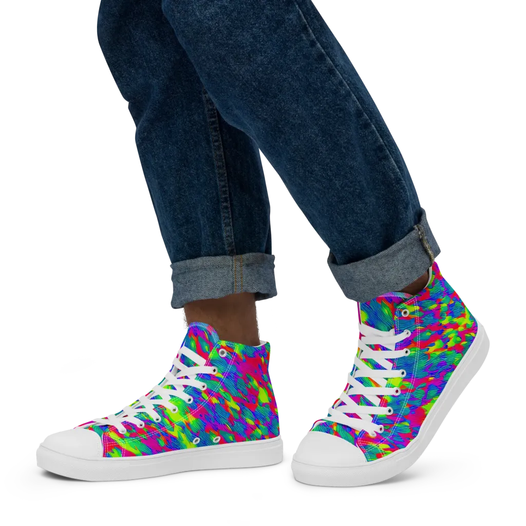 Turquoise Brushfire on Men's High Top Canvas Shoes — Left