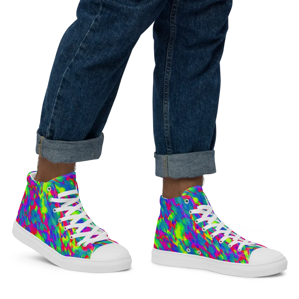 Turquoise Brushfire on Men's High Top Canvas Shoes — Right