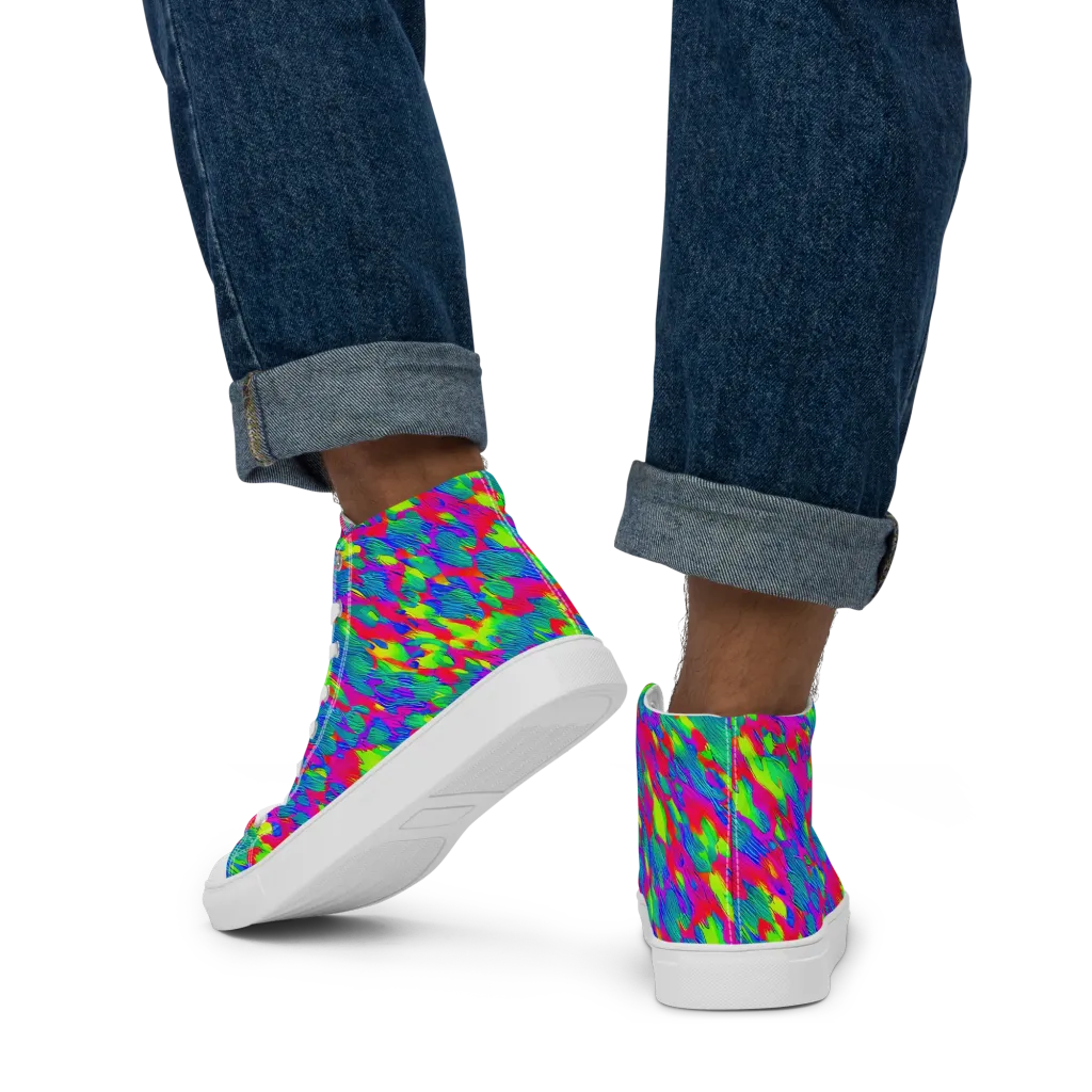 Turquoise Brushfire on Men's High Top Canvas Shoes — Back