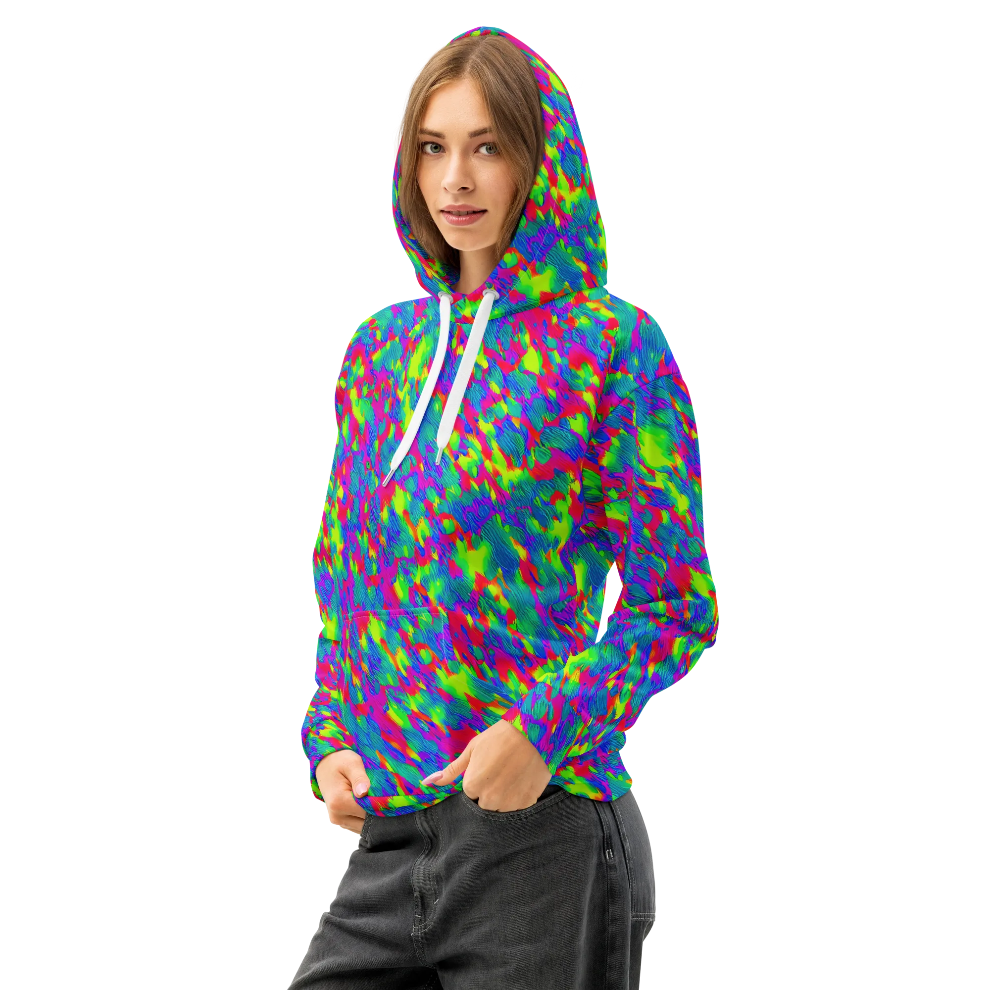 Turquoise Brushfire on Cotton Hoodie — Left Front