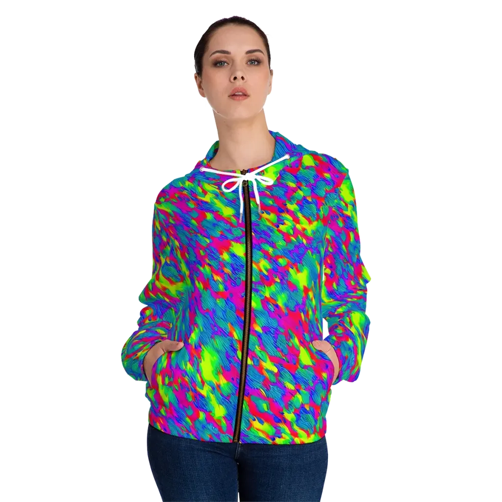 Turquoise Brushfire on Women's Full-Zip Hoodie — Front On Person